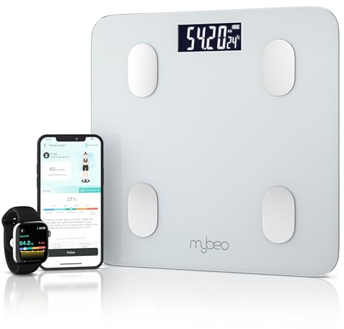 MyBEO - Digitale Bluetooth Köperfettwaage mit App – Körperanalysewaage – bis 180 kg – LCD-Anzeige – 6 mm Glas – Gewicht BMI Körperfett Muskelmasse - Personenwaage Körperwaage - weiß