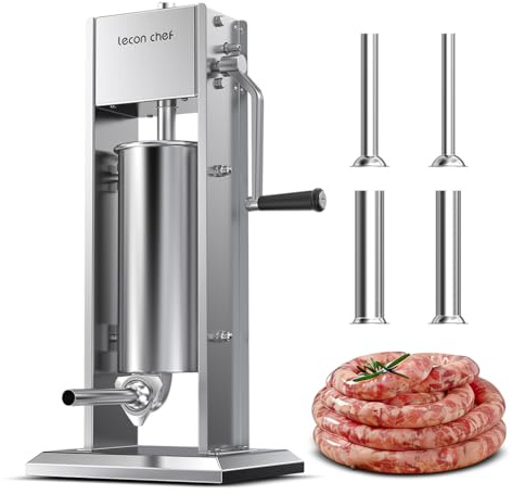 Lecon Chef Wurstfüller 5L Manuell Edelstahl Wurstfüllmaschine | 2-Gang-Getriebe, 4 Füllrohre, Vertikale Wurstpresse, Für Hausgemachte Würste, Küche, Metzgerei und Gastronomie