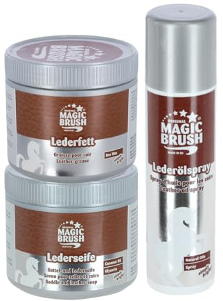 Brama West MagicBrush Lederpflegeset 3-teilig | Lederfett, Lederöl & Sattelseife | Komplettset für Sattel, Zaumzeug & Reitausrüstung | schützt, pflegt & verleiht Glanz | mit Lederöl Spray
