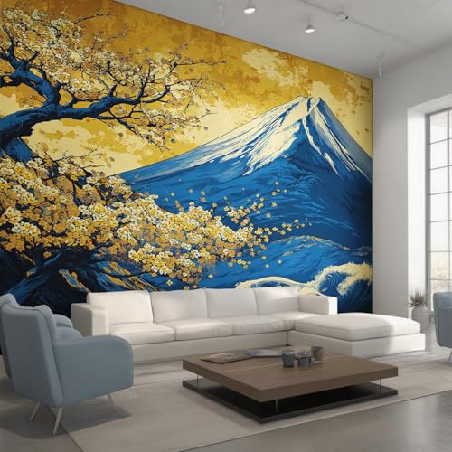 Générique Papier Peint Panoramique Japonais, Papier Peint Fleurs de Cerisier Montagne Enneigée 250 x 175 cm, Photo Décoration Murale, Papiers Peints Intissé Décoration Murale Salon Chambre EL&D73