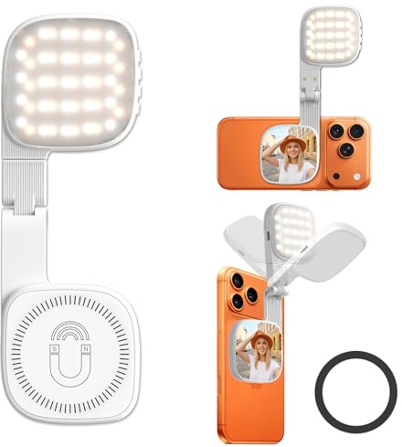 Magnetic Selfie Light for Phone, 3000K-6500K, [Compatible with MagSafe], Diyife 360° Rotatable Folding Phone Light Clip on with Mirror, CRI95+, 45 LED, 3 Modes for Streaming, Makeup Photo
