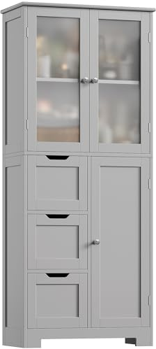 HOCSOK Mobile Alto de Bagno, Armadietto da Pavimento per Bagno, Armadietto Ausiliario con 3 Cassetti e 3 Ante, Adatto per Corridoio, Camera da Letto, Soggiorno, Legno, 60 x 30 x 143.2 cm, Grigio