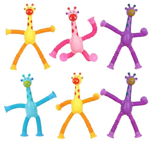 GWEOR 6 Pcs Jouets Sensoriels de Girafe Télescopique avec Ventouse, Jouet Ventouse Bébé Amusant et Éducatif, Pop Tube Girafe pour Soulagement du Stress, Jeux de Motricité Fine pour Enfants et Bébés