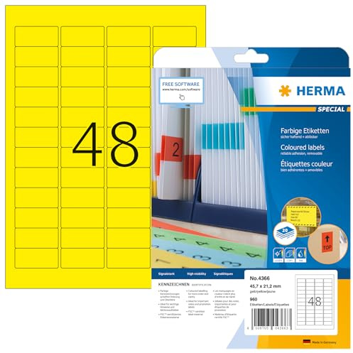 HERMA 4366 Farbige Etiketten gelb ablösbar, 20 Blatt, 45,7 x 21,2 mm, 48 pro A4 Bogen, 960 Stück, selbstklebend, bedruckbar, matt, blanko Papier Farbetiketten Aufkleber