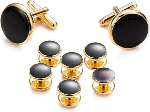 UJOY - Goldene und schwarze Manschettenknöpfe für Hochzeiten, Vatertag und formelle Anlässe - Unisex - 18 mm x 20 mm - 6 Knöpfe + 1 Paar französische Manschettenknöpfe - Geschenkbox