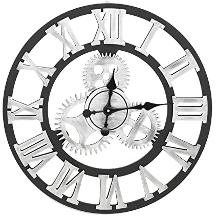 Warmiehomy 60cm Large Wall Clock, 3D Gear Vintage Industrial Silent Roman Numeral Wall Clock for Living Room,Bedroom,Office,Restaurant,Hotel,Cafe Decoration,Silver