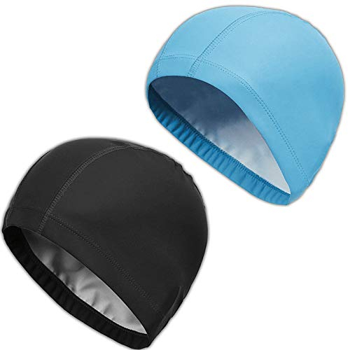 2 Sück Unisex Badekappe Wasserdicht Bademütze PU Beschichtet Weiche Badehaube Ohrenschutz Schwimmhaube Schwimmkappe für Herren Damen Lange Kurzes Haar (Schwarz+Blau)