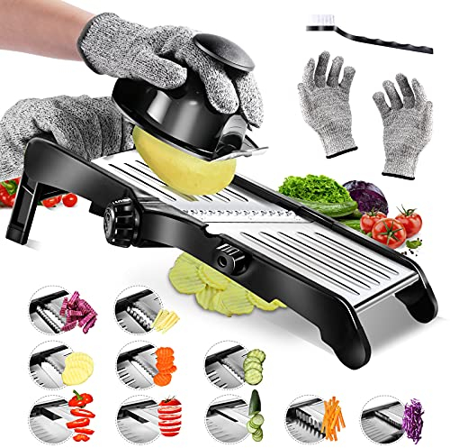 Masthome Mandoline Gemüsehobel,10 in 1 Küchenhobel Schneider mit Edelstahlklingen, Multifunktionaler Gemüseschneider für Gurke, Zwiebel und Käse, Send Schnittfeste Handschuhe und Reinigungsbürste