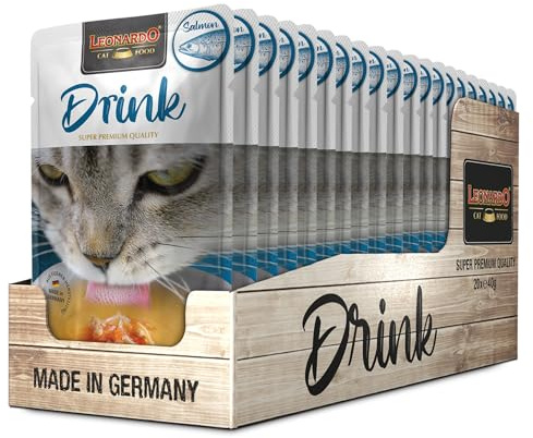 Leonardo Drink Salmon [20x40g Multipack Sorte Lachs] Katzendrink | getreidefreie Fleischbrühe mit Fleischstreifen | Ergänzungsfuttermittel für Katzen | Leonardo | Ergänzungsfutter | Zur Ergänzung der täglichen Flüssigkeitsaufnahme | Getreidefrei, mit Lachs
