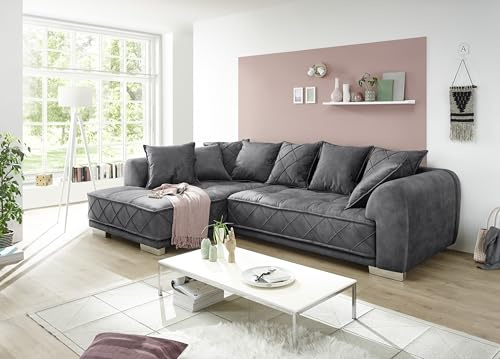 Stella Trading SENTINA Ecksofa in Samtoptik, Anthrazit - Moderne Eckcouch in L-Form mit universell stellbarer Ottomane & dekorativer Steppung - 319 x 73 (90) x 194 cm (B/H/T)