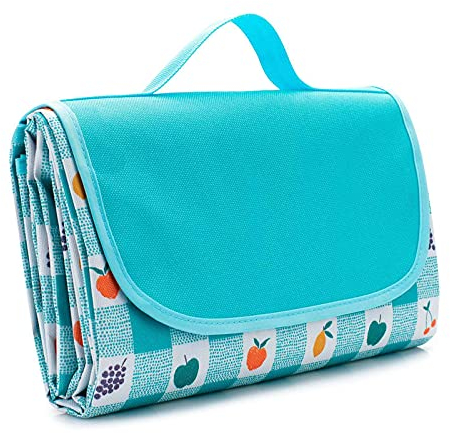 Aodafei Picknickdecke Blau Früchte Kariert,Outdoor Picknick-Decke Wasserdicht Waschbar,Strandmatte Leichte Stranddecke Faltbar Picnic Blanket,145 x 200 cm,XL