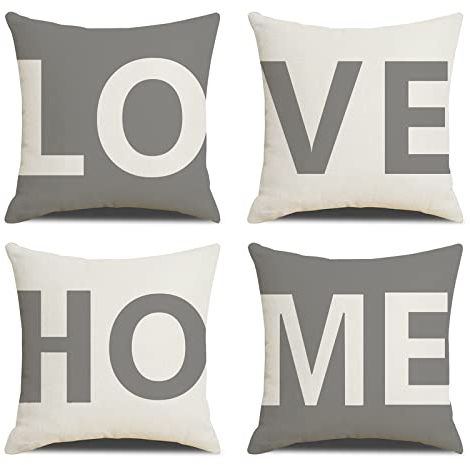 MYCDXE Dekorativ Kissenbezüge 4er Set Love Home Kissenbezug Kissenhülle Baumwolle Leinen Werfen Sie Kissenbezüge 40x40cm Grau