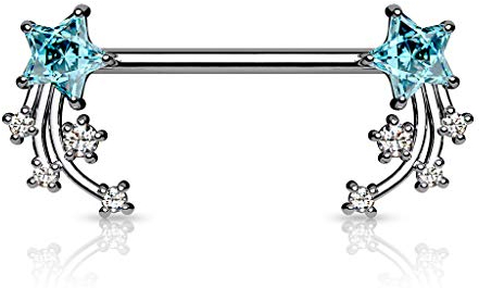 beyoutifulthings Brustwarzen-piercing Stern-schnuppen Silber Clear Aqua Brust-piercing Nippel-piercing Intim-piercing Chirurgenstahl Stab 16-mm