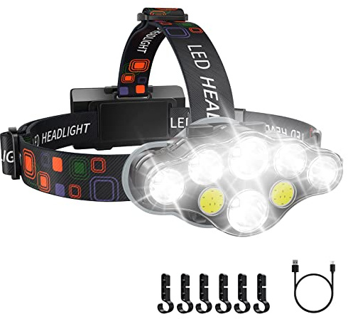 MAFSEUT Rechargeable Headlamp, 8 LED 18000 High Lumen Bright Headlamp with Red Light, IPX4 Waterproof USB Headlight, Head Lamp, 8 Modes for Outdoor Running Hunting Hiking Camping Gear (Black)