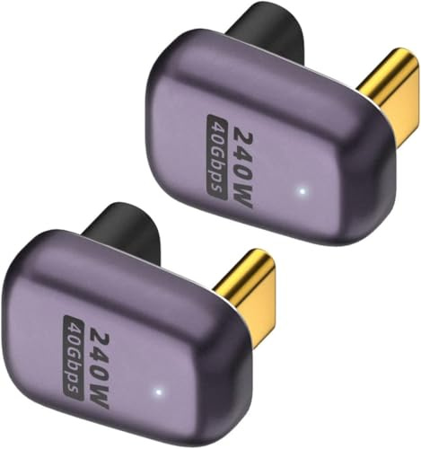 YUNKOZAND Adaptateur USB C à 180 degrés,Adaptateur USB C à Angle Droit avec 40 Gbit/s PD 240 W 8K @ 60 Hz,Compatible avec Ordinateur Portable,Switch,VR et Autres appareils de Type C (D-Lot de 2)