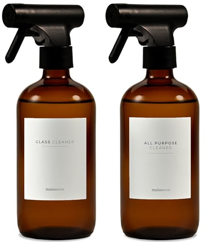 MaisoNovo Bote Spray Pulverizador Agua Peluqueria De Cristal - 500 ml Botella Spray Pulverizador De Agua Para La Limpieza, Peluquería Y Plantas - 2 x Recargable Botella Ámbar Con 16 Etiquetas