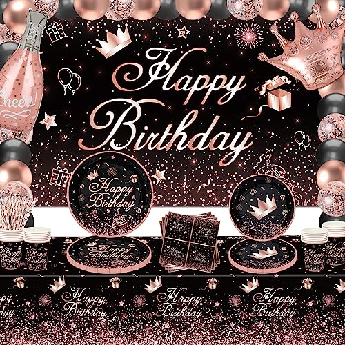 Inspireyee153 PCS Schwarz und Rose Gold Party Dekoration Schwarz Rose Gold Geschirr Set Rose Gold & Schwarz Party Supplies Rose Gold und Schwarz Geburtstag （Black-BJB)