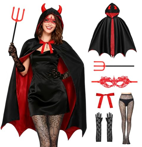 5 Pezzi Carnevale Costume Diavolo Donna, Mantello Nero Rosso, Gli Occhi e Guanti in Pizzo, Forchetta Diavolo, Collant a Rete come Accessori per Vestito Diavoletta Donna per Carnevale, Halloween