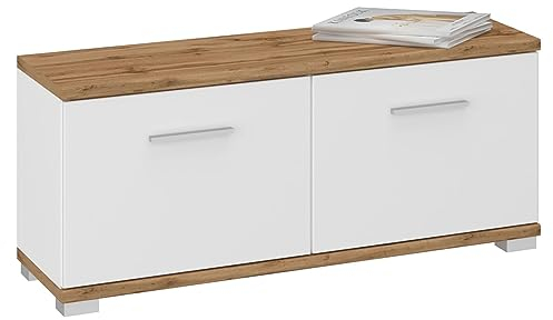 Sitzbank Bilbao mit 2 Türen & 4 Fächern in WOTAN Eiche/Weiß, belastbar bis 100 kg Schuhregal mit Sitzfläche Schuhbank Garderobenbank Flurmöbel