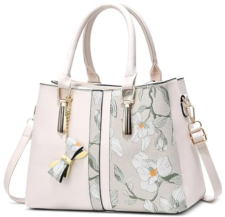 FOLOVEYA Mode Damen Handtasche Elegant Henkeltaschen Frauen Umhängetasche Shopper Top-Griff Taschen mit Schleifenanhänger Schultertasche für Arbeiten Reisen Schule PU Leder Tote Bag Weiß