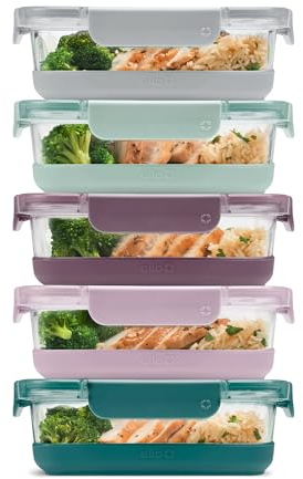Ello Duraglass 3.4 Cup Meal Prep Sets 10Pc, 5 Pack Set- Glass Food Storage Container with Silicone Boot and Airtight BPA-Free Plastic Lids, Dishwasher, Microwave, and Freezer Safe, Garden Goals