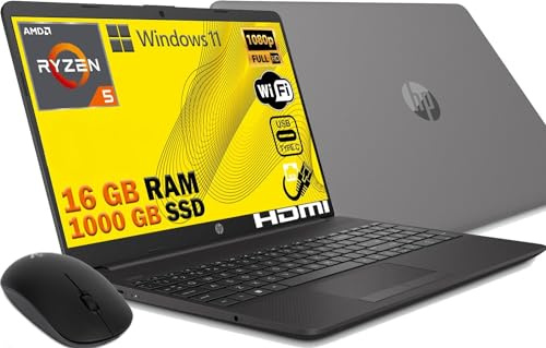 HP Notebook 2024 Ryzen 5 5500U 6 Core 4 Ghz SSD 1000 Gb IPS Full HD 15.6 DDR4 16 Gb, Wi-fi 3 usb webcam HD Windows 11 Pro, Libre Office, QWERTY Italia MOUSE OMAGGIO