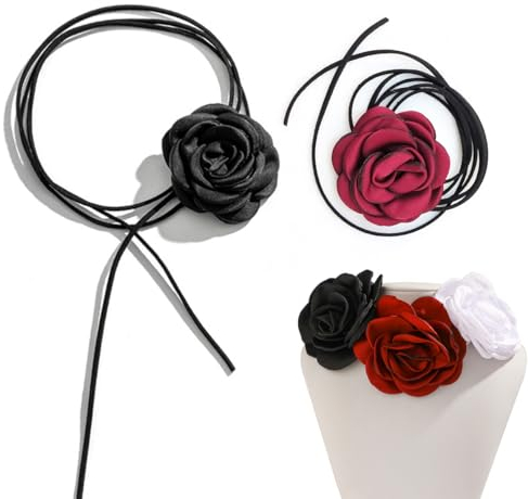 2 Pcs Elegant Rosen- und Blumen-Choker für Frauen, Mädchen, Braut - Stoff-Halsketten für Hochzeit, Party, Geburtstag (Schwarz, Rot)