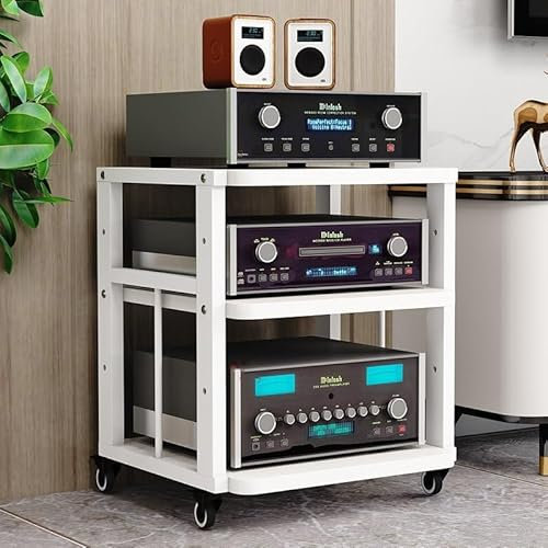 HiFi Rack, Audio-Video-Medien-Standschrank mit 3 Regalen, offenes Lagerregal, multifunktionaler Regalschrank mit höhenverstellbaren Holzplatten für Zuhause/Büro (Farbe: Weiß, Größe: 50 x 45 x 61 cm)