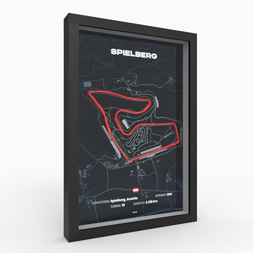 Spielberg 3D Poster im Holzrahmen I A4 I Hochwertiger 3D Druck I 2000dpi | 280g Papier I 3D Rennkunst als Deko für Wand I Büro & deinen Schreibtisch oder als Geschenk I Acrylglas-Front