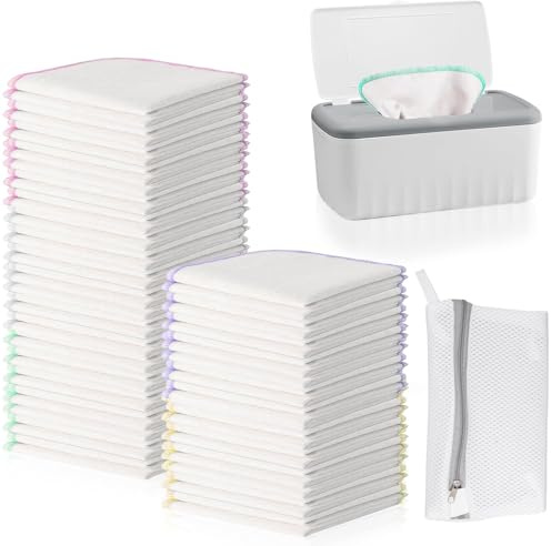 Confezione da 100 salviette riutilizzabili per bambini con dispenser, 20 x 20 cm, salviette per il viso in flanella di cotone, lavabili e morbide, con sacchetto per la biancheria, per il lavaggio del