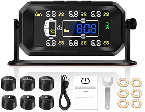 Avutrel TPMS Reifendruck-Überwachung für LKW, Wohnwagen, Busse, mit 6 Sensoren (8bar/116psi), Druck & Temperaturkontrolle, Solar/USB-Aufladung (Upgrade für Nutzfahrzeuge)