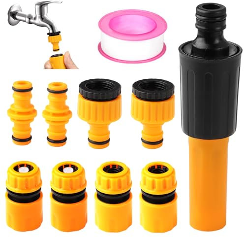 10Pcs Hose Pipe Connector Set, Garden Hose Connectors and Fittings with Spray Nozzle, 2in1 Tap Connectors for 1/2 and 3/4 Threaded Taps, Double Male Hosepipe, Compatible Attachments for Out