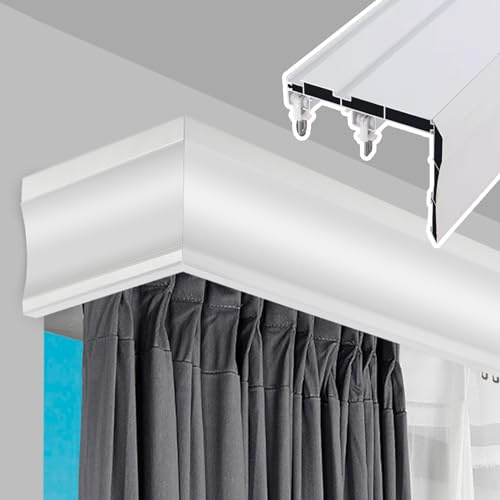 3 in 1 Window Curtain Pelmet Box with Double Tracks Metal Rod & Decorative Valance White Wall Mount Curtain Rail System for Stylish Home Decor