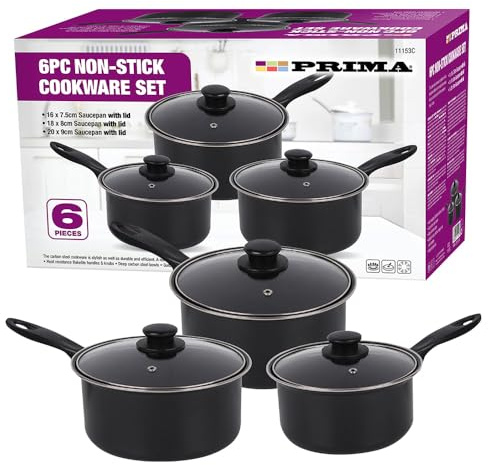 6pc Non Stick Cookware Set with Lids & Bakelite Handle - Carbon Steel Cooking Pan Saucepan Set Pot and Frying Pans | Suitable for Gas, Electric, Halogen and Solid Hotplates - Tempered Glass Lid, Black