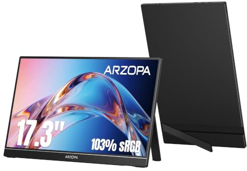 ARZOPA Bärbar bildskärm 17,3 tum stor bärbar skärm med FHD HDR IPS-skärm och stativ, perfekt som USB-C och HDMI-andra skärm för bärbar dator, PC, smartphone, PS5, Xbox