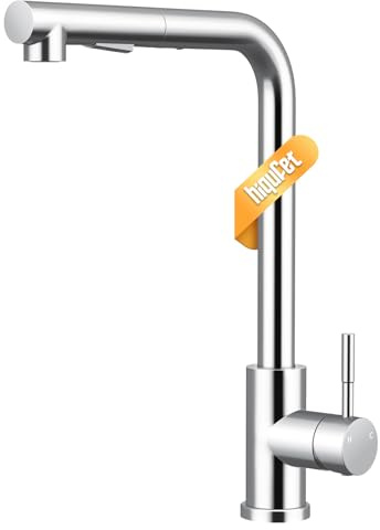 Hiqufet Grifo de Cocina con Arco Alto y Brazo Extraíble, 2 Modos de Pulverización Giratorio 360°, Cromo Pulido