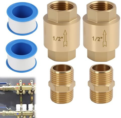 2 Stk Rückschlagventil 1/2 Zoll Messing Rückflussverhinderer DN15 mit Doppelnippel 1/2 Zoll und Teflonband für Pumpen, Rückschlagventil Wasser 1/2'', Waschmaschinen, Garten und Wasseranwendungen