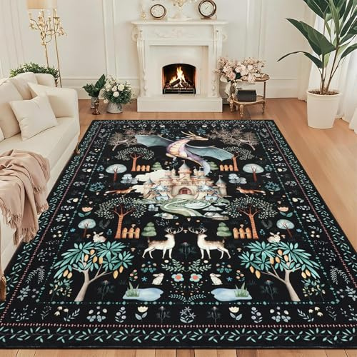 TUKDAK Drachen Teppich Wohnzimmer rutschfest 160x230cm,Schwarz Waschbar Teppich Schlafzimmer,Boho Tiere Kurzflor Bettvorleger Teppiche Gegend,Fantasy Dschungel Teppichen Kinderzimmer Büro Esszimmer