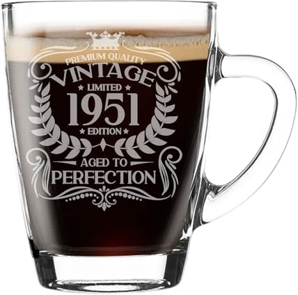 Taza de cristal grabada con texto en inglés Aged to Perfection, regalo para los amantes del café, taza de té, regalo para niños de 74 años, taza de café de 300 ml, divertida taza de regalo para