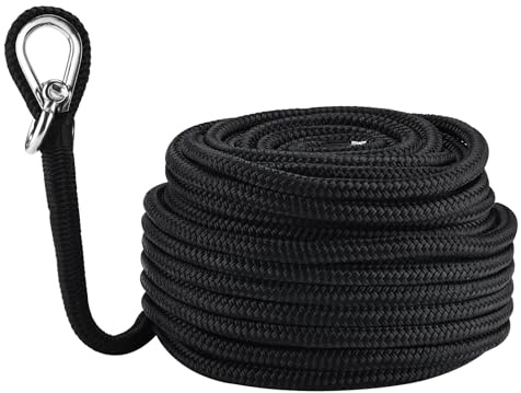 NovelBee 1/2in x 50ft Boat Anchor Rope,Double Braid Nylon Anchor Line with Stainless Steel Thimble and Shackle,Heavy Duty Nylon Rope for Boat,Towing,Docking,Mooring (Black)