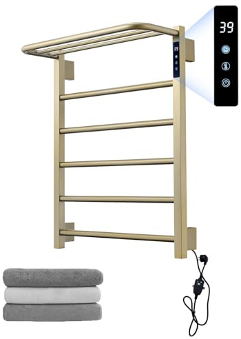 Modern Electric Towel Warmer, Wall Mounted Heated Towel Rack in Brushed Gold, Smart Temperature Control with LED Display