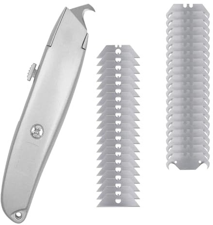 Professionelles Teppichmesser mit 40 Klingen | Hakenmesser & Teppichschneider für Dachdecker, Bodenleger | Inkl. 20 Hakenklingen & 20 Trapezklingen