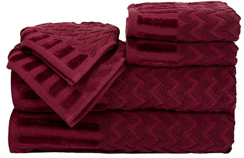 Lavish Home 6-Piece Cotton Deluxe Plush Bath Towel Set – Chevron Pattern Plush Sculpted Spa Luxury Decorative Body, Hand and Face Towels (Burgundy) , 27x54x0.25