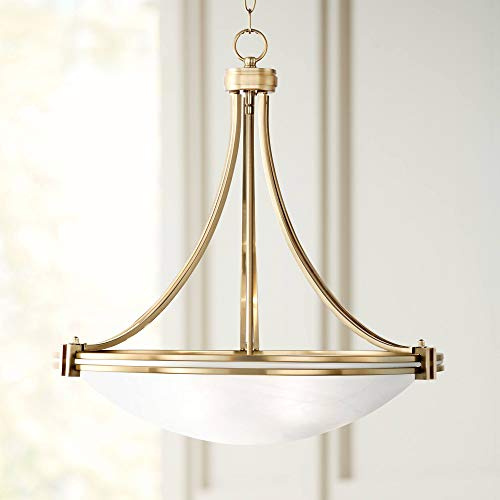 Possini Euro Design Deco Warm Brass Gold Bowl Small Pendant Chandelier Light Fixture 21 1/2 Wide Satin White Glass for Dining Room House Foyer Entryway Kitchen Bedroom Living Room High Ceilings