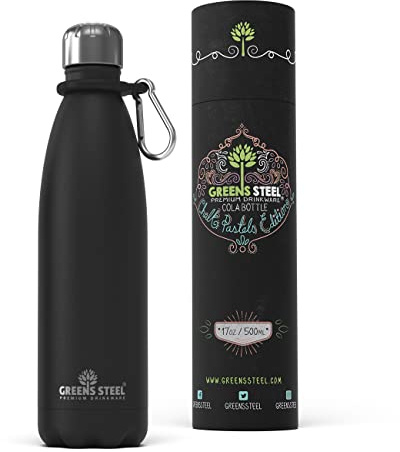Greens Steel Edelstahl Trinkflasche - 500 ml, Schwarz I Doppelwandige vakuumisolierte Wasserflasche I Mit Karabiner & Geschenkbox I Wiederverwendbar & auslaufsicher für Erwachsene & Kinder, BPA frei