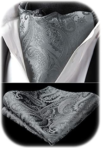 HISDERN Men's Cravats Paisley Floral Grey Cravat and Handkerchief Elegant Ascot Tie & Pocket Square Set for Wedding Party