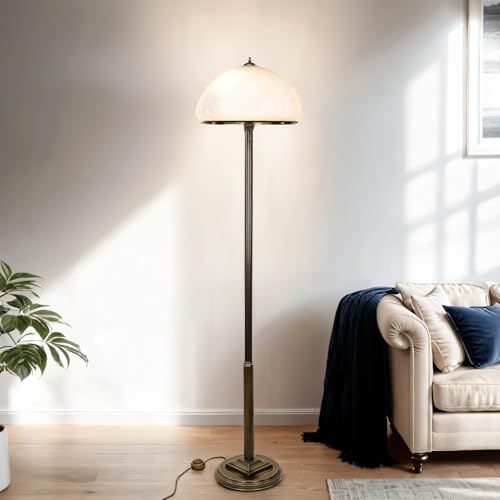 Licht-Erlebnisse Stehlampe Messing antik Weiß aus Metall Glas 170cm Jugendstil MARLOW Wohnzimmer Lampe Stehleuchte