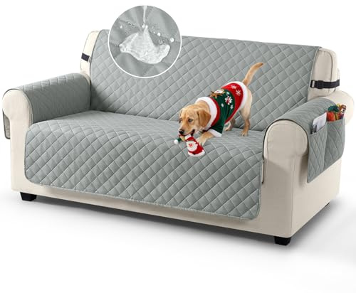 TAOCOCO Sofa Covers 100% Waterproof Sofa Slipcovers 2 Seater,Non Slip Double Seat Cover with Storage Pockets Both Side for Kids/Dogs/Pets,Washable Sofa Protector with Elastic Strap(Grey)