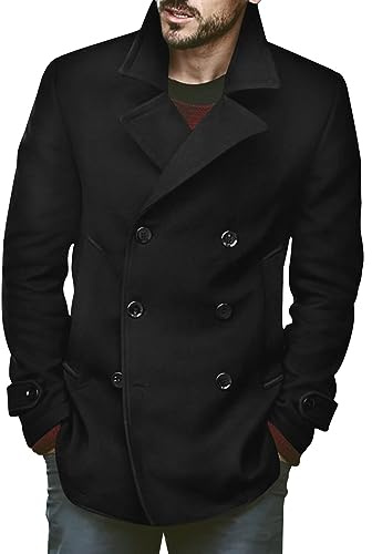 PASLTER Mens Double Breasted Pea Coat Notched Lapel Trench Coats