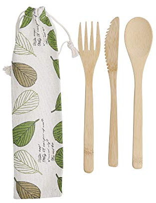 KitchenCraft Natural Elements Travel Cutlery Set, Reusable and Biodegradable Bamboo Knife, Fork and Spoon in Fabric Pouch